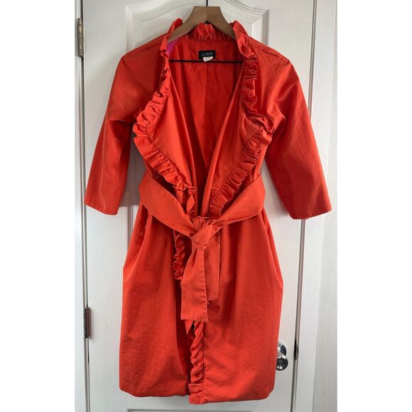 J Crew Ruffle Trench Coat Orange Belted 3/4 Sleeve Style 90815 Women's 0 - Picture 1 of 11